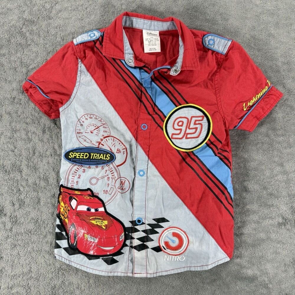 5/6‎ Authentic Disney Store Cars Lightning McQueen Speed Trials Snap Down Shirt